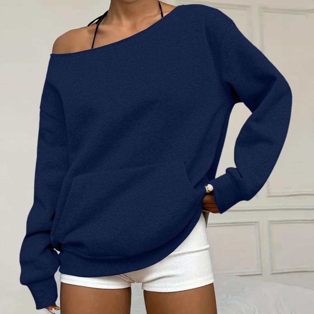 Women's Casual Fashion Solid Color Off-shoulder Long-sleeved Loose Sweatshirt With Pockets