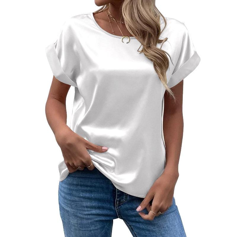 Spring and Summer New Women's Short-sleeved Satin Shirt Loose Casual Round Neck Satin T-shirt Women