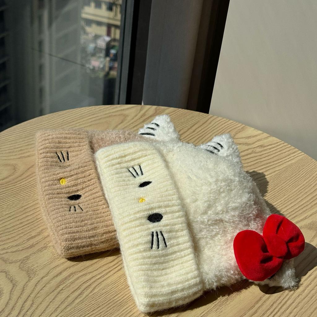 Cute Cat Bow Warm Woolen Hat for Women In Autumn and Winter Versatile Niche Slimming Cat Ears Sweet Knitted Hat