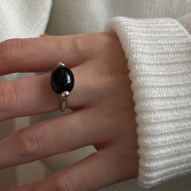 Vintage Black Stone Oval Open Rings for Women Men Fashion Zinc Alloy Color Metal Geometric Adjustable Couple Rings Zircon Gifts