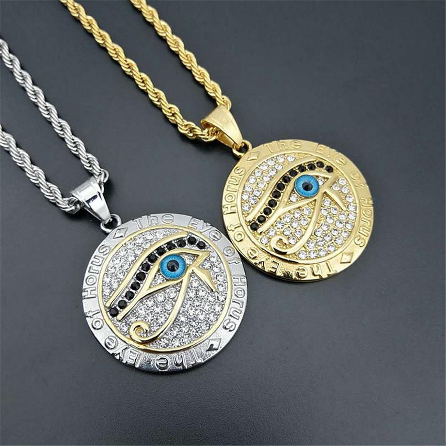 Pendentif Collier Oeil d'Horus Égyptien & Chaîne pour Hommes Femmes Couleur Or Acier Inoxydable Rond Hiphop Bijoux Anciens Égypte N1238