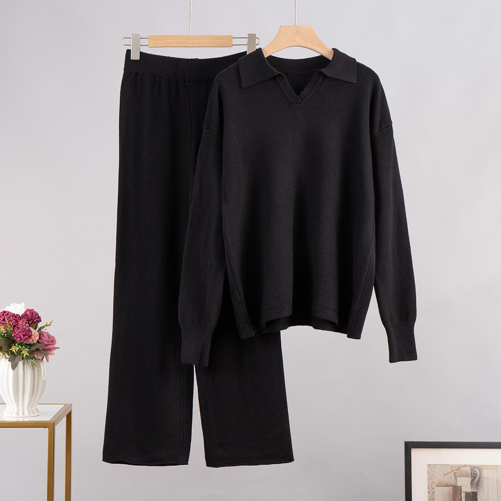 Solid Color Lapel Sweater Set Knit Sweater+straight Leg Wide Leg Pants Two-piece Set High Neck