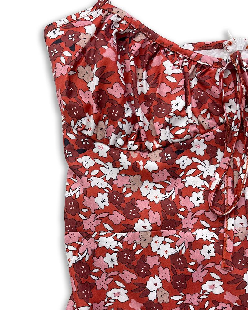 European & American Summer Floral Print Ruched Tie-Up Slit Camisole Dress