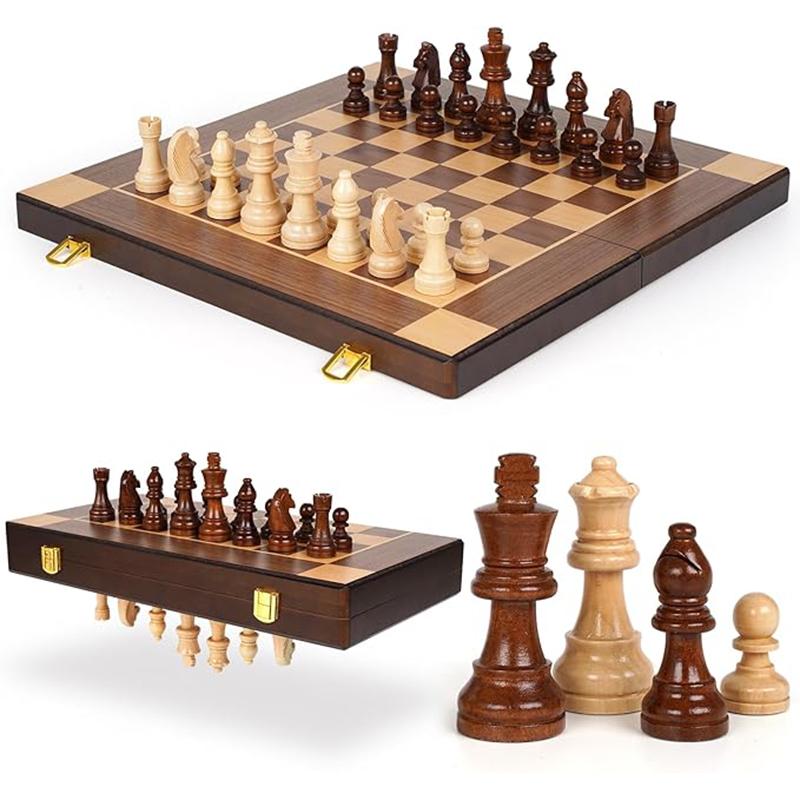 

Шахматная фигура Деревянный шахматный набор 38 см/15 дюймов с 2 дополнительными складными портативными дорожными настольными играми для пост-соревнований