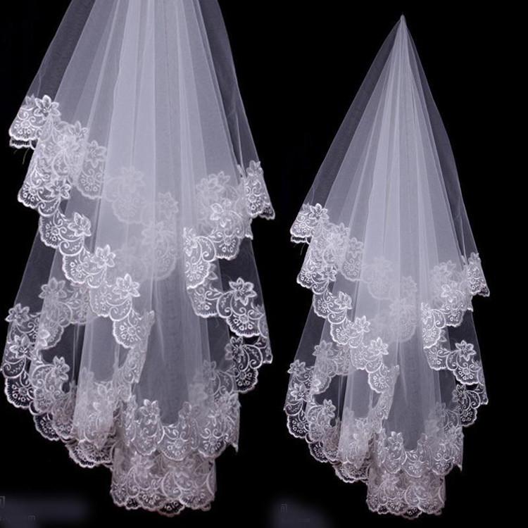 European & American 1.5m Lace Edge Bridal Veil with Extended Train, Floor-Length Wedding Veil.