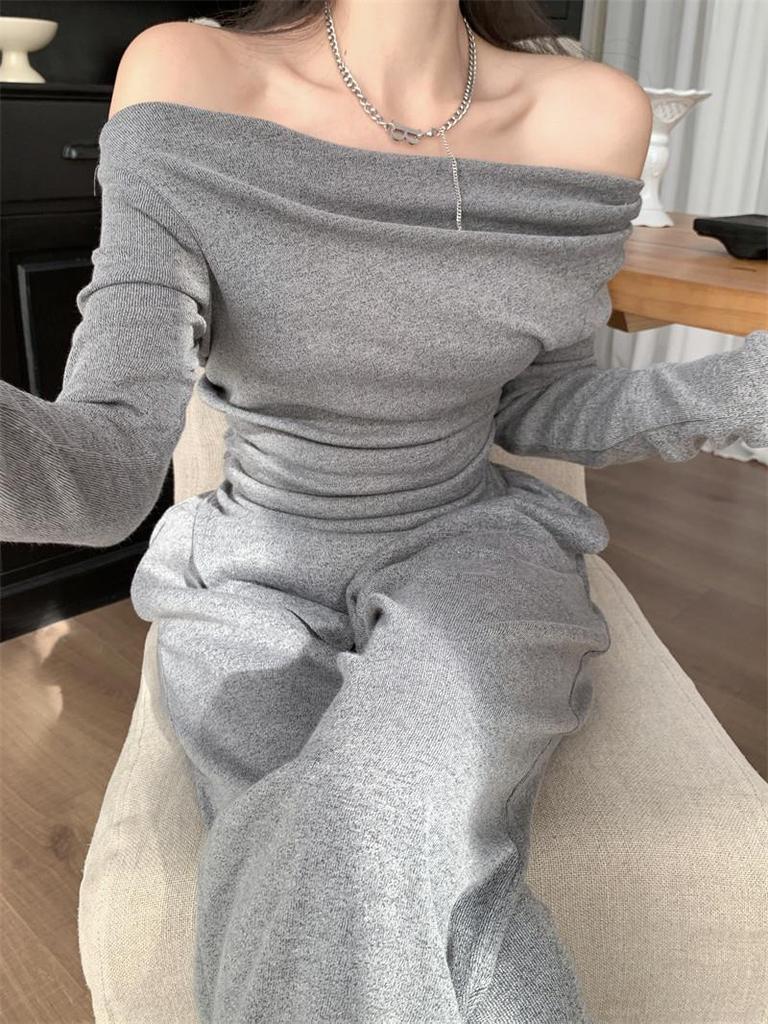 Elegant Korean-Style Women's Suit: One-Shoulder Irregular Long-Sleeved Top with Draping Pants, New Spring/Autumn 2026 Arrival.