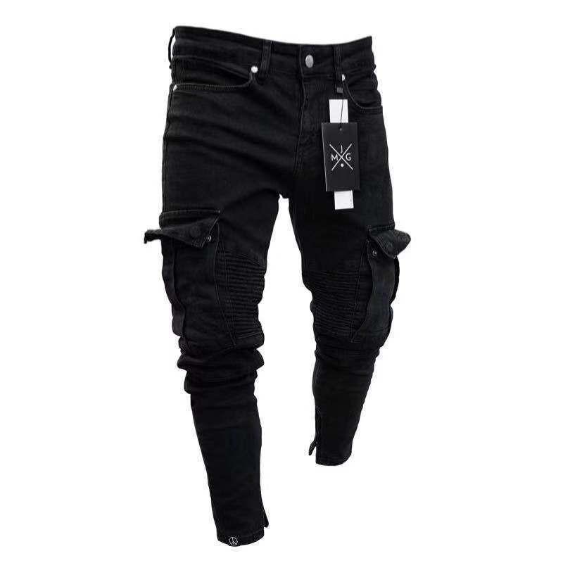Stretch Men's Jeans Trendy Knee Hole Zip Calf Trousers