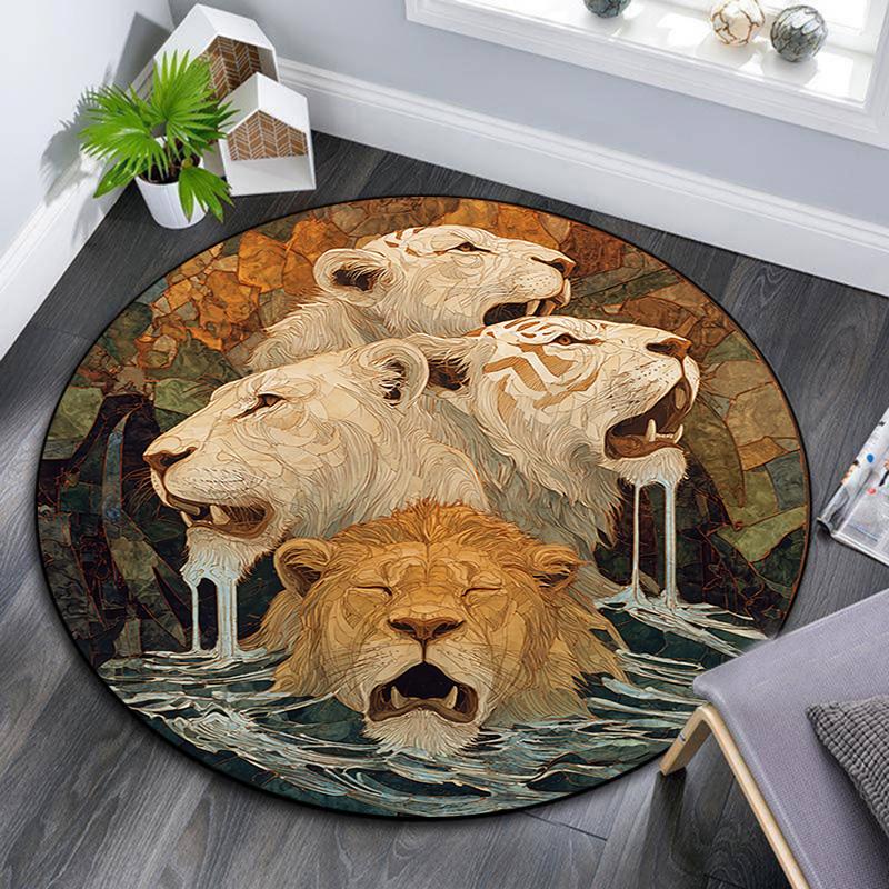 Lions Round Area Rug,Carpet Rug for Living Room Bedroom Sofa Playroom Decor,Non-slip Floor Mat