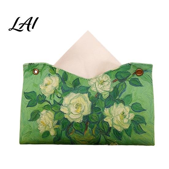Dining Room Napkin Box Leather Tissue Cover Foldable Desktop Organizer Oil Painting Style Holder Case Modern Home Decor Facial Paper Organizer
