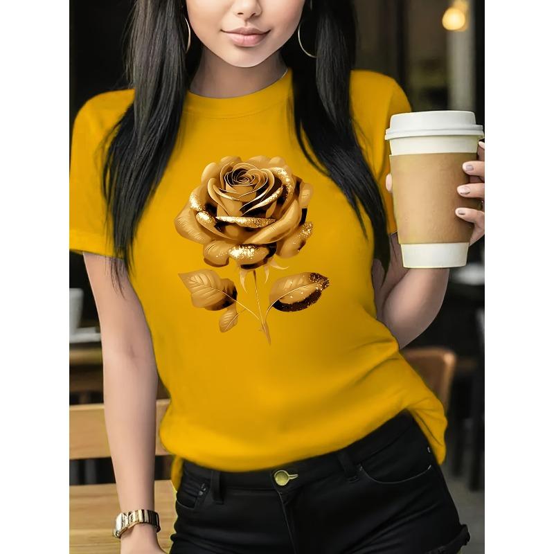 Damsvart Rosmönster Rundhalsad Kortärmad Casual T-shirt Vår Sommar Mode Gåva Topp