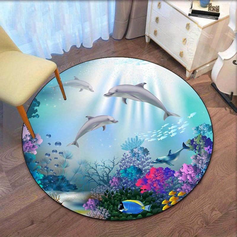 3D Dolphin Ocean Print Rug,  Non Slip Carpet, Artistic Floor Mat for Living Room, Bedroom, Play Area Decor