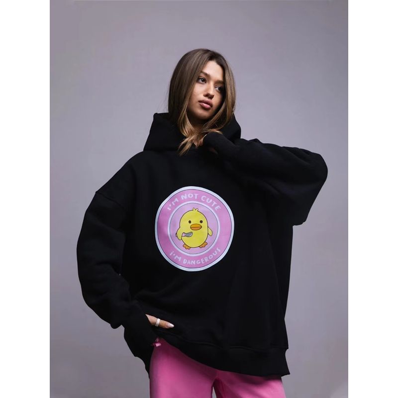 

European and American Autumn and Winter New Loose Sports Leisure Print Hoodie Loose Printed Hooded Top Black S