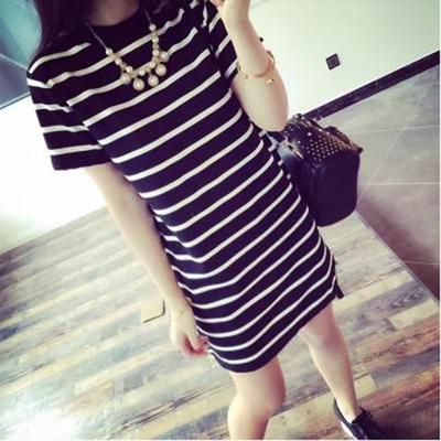 Sommer Damen Midilänge Damen Gestreift Locker Kurzarm T-Shirt für Damen Koreanischer Stil Horizontal Gestreift Damenkleid