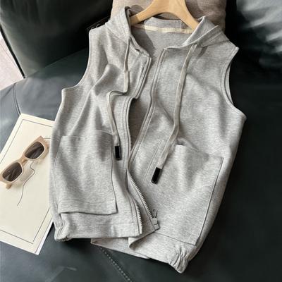 Sommer-Weste für Damen, Mantel mit Kapuze, Kordelzug, einfarbig, schmale Passform, dehnbarer Saum, Seitentaschen, Reißverschluss, Strickjacke, weich, atmungsaktiv, lässig, Sportweste