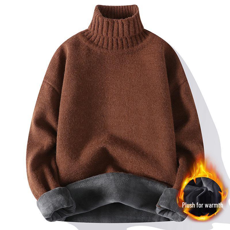 

Teen Boys High Neck Knit Sweater with Velvet Lining - Winter Warmth, Solid Color, One-piece Design 3XL кавовий