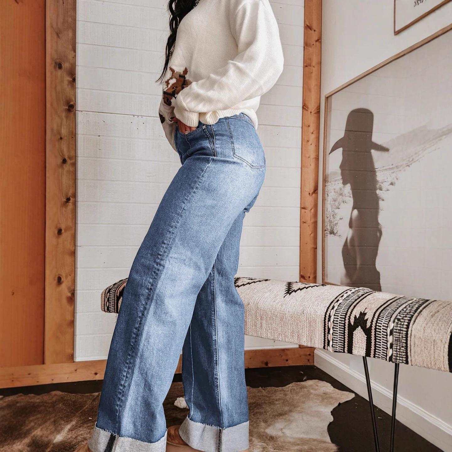 

Осенние Новые Винтажные Расклешенные Джинсы со Средним Швом и Широкими Штанинами, Джинсы с Высокой Посадкой, Стройнящие Прямые Джинсы для Женщин XXL светло-синий