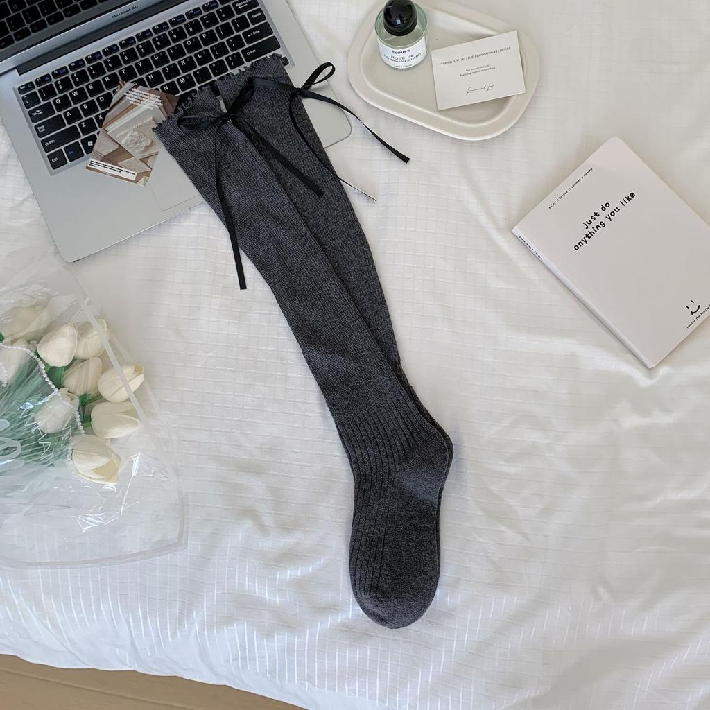 In The Early Autumn Of 2025, New Products, Fungus Edge Calf Socks, Bow Splicing, High Tube Solid Color Jk Knee Socks, Stacking Socks