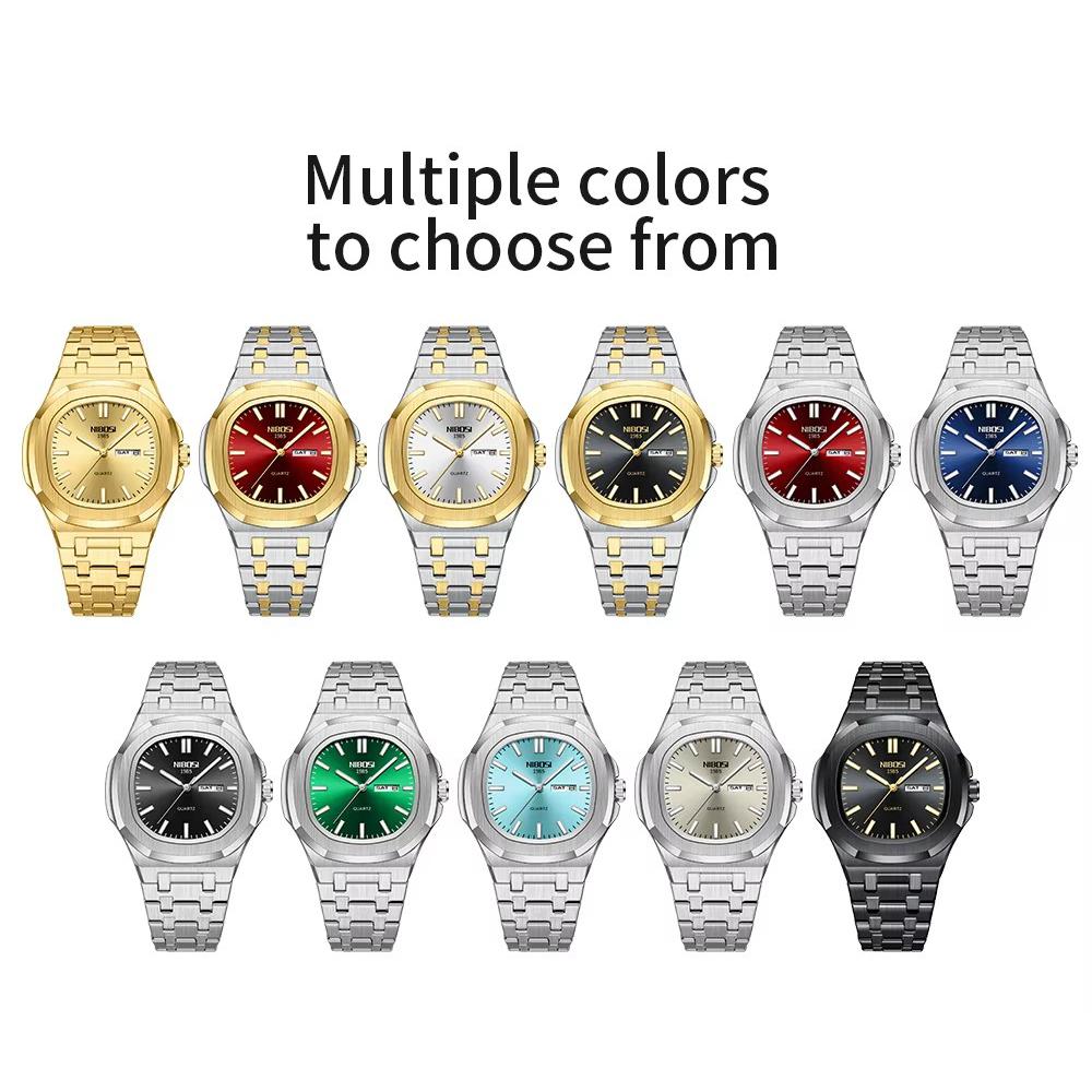 Waterproof Mens Square Quartz Watch Luminous Day Date Display Steel Strap Classic Casual Daily Wristwatch