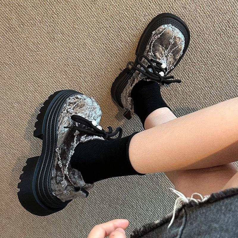 Big Head Lace-up Small Leather Shoes Women's 2025 Spring New Small Platform Women's Shoes Fashion Heightening Loafers
