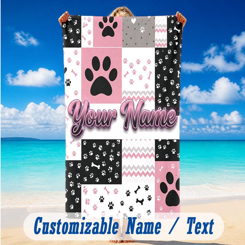 Dog Theme Beach Towel Personalized Custom Name & Text Soft Quick Dry Beach Towel for Swimming Travel