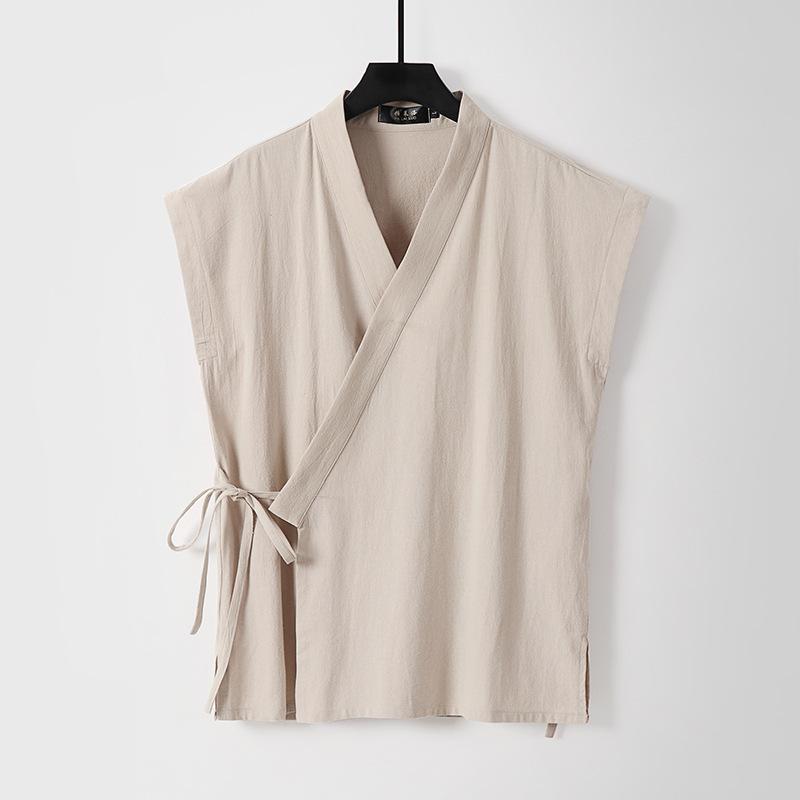 Men's Spring and Summer Cotton Linen Tank Tops Sleeveless Tang Suit Tops Cardigan Solid Vintage Hanfu Vest Male