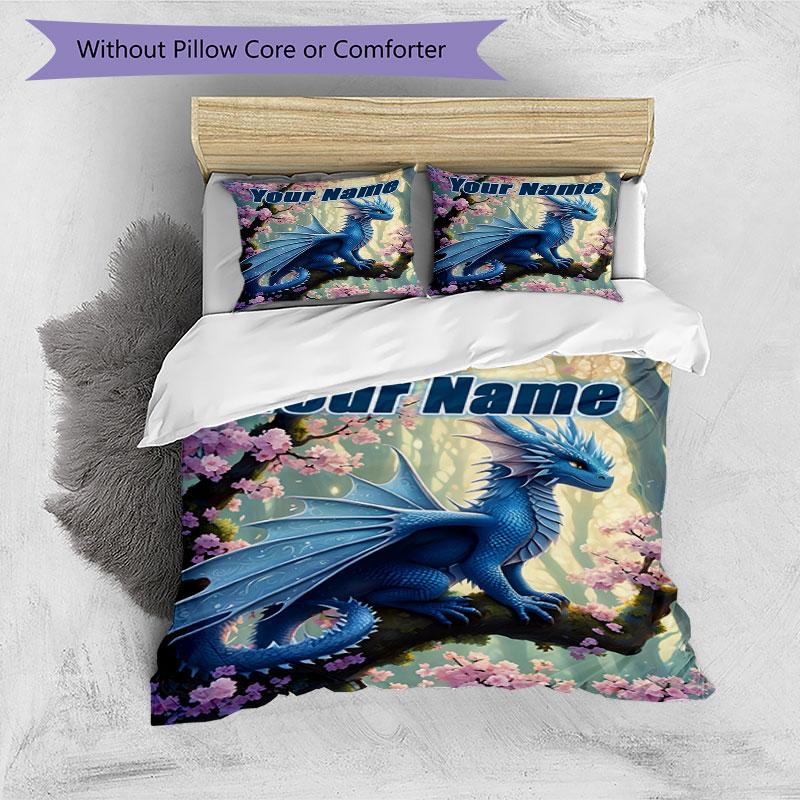 3PC Custom Name Blue Dragon Fantasy Art Bedding Set Duvet Cover Closure Includes 1 Duvet Cover & 2 Pillowcases for Bedroom
