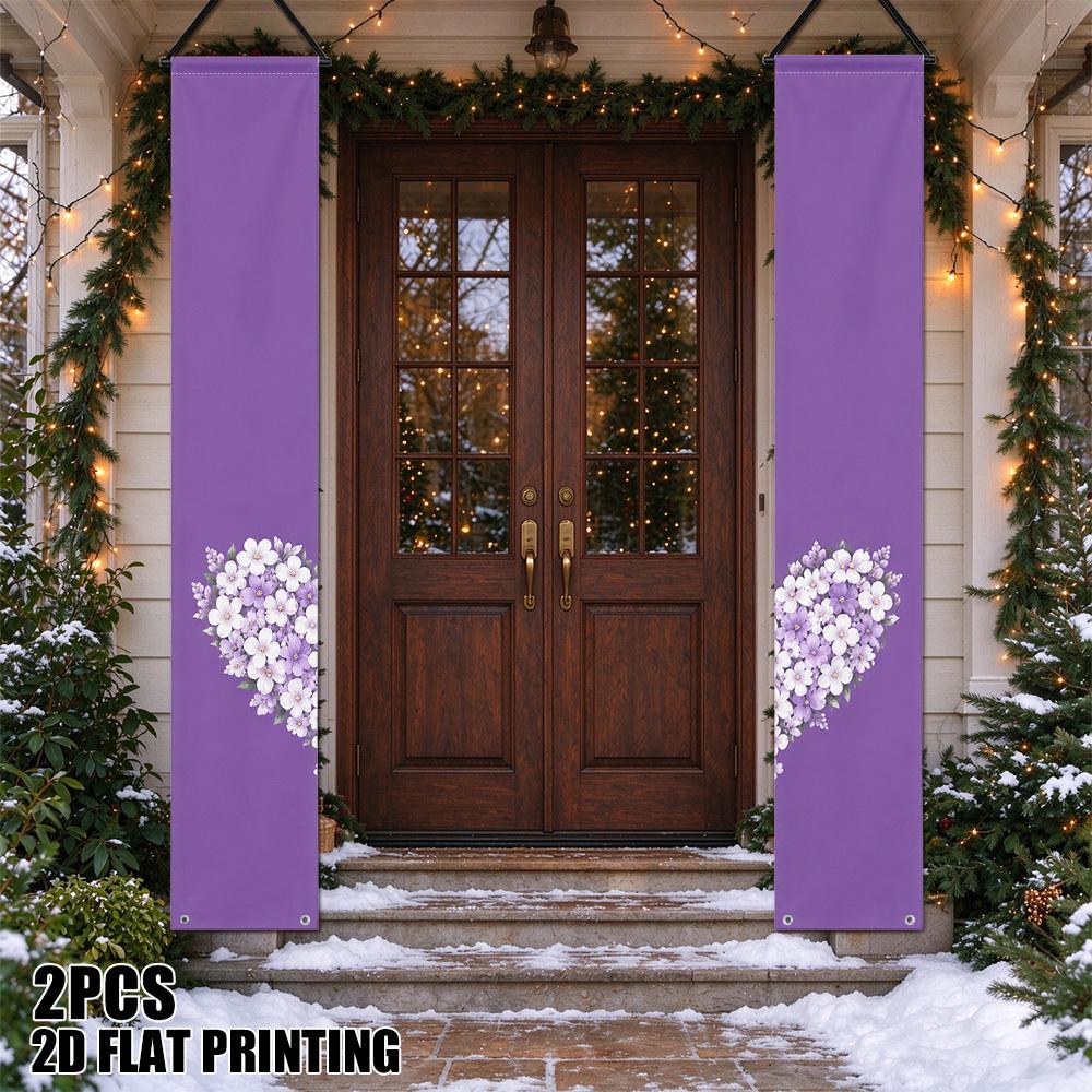 2D Flat, 2pcs 2D Flat Printing Floral Heart Bloom Porch Banner & Welcome Sign Suitable for Indoor/Outdoor Door Decor, - Decoration with Couplet Door H