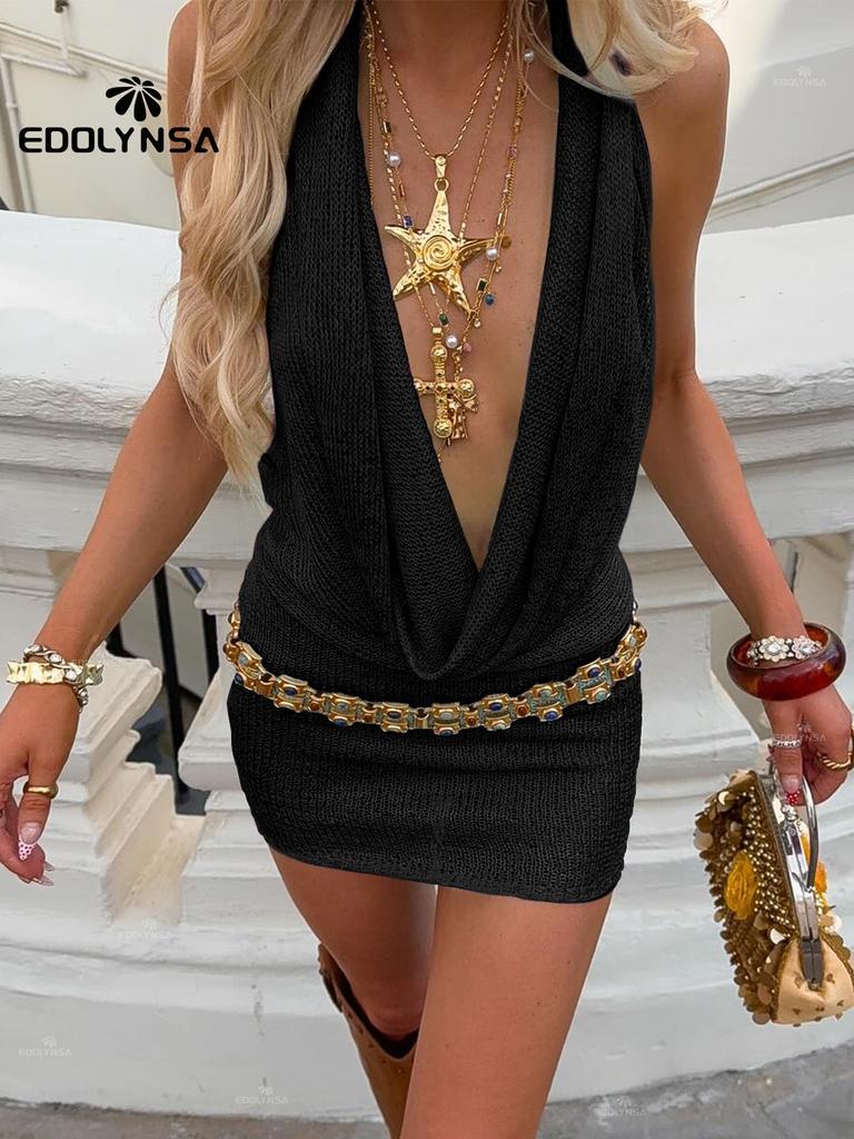 Seksowna sukienka mini plażowa z dzianiny bez rękawów i z odkrytymi plecami z głębokim dekoltem V i błyszczącego jedwabiu 2025 Damska letnia odzież plażowa Sukienki na imprezę K145