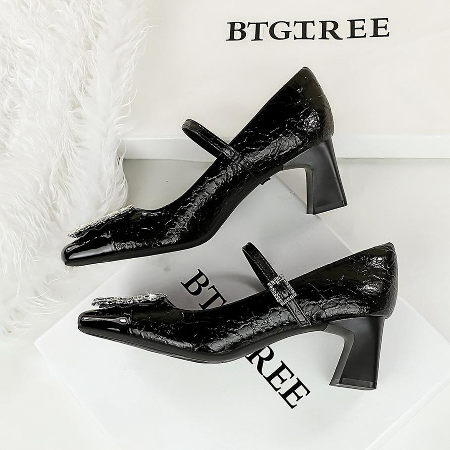 Shallow Mouth Square Toe Color Blocked Metal Rhinestone Buckle Straight Strap Single Shoe