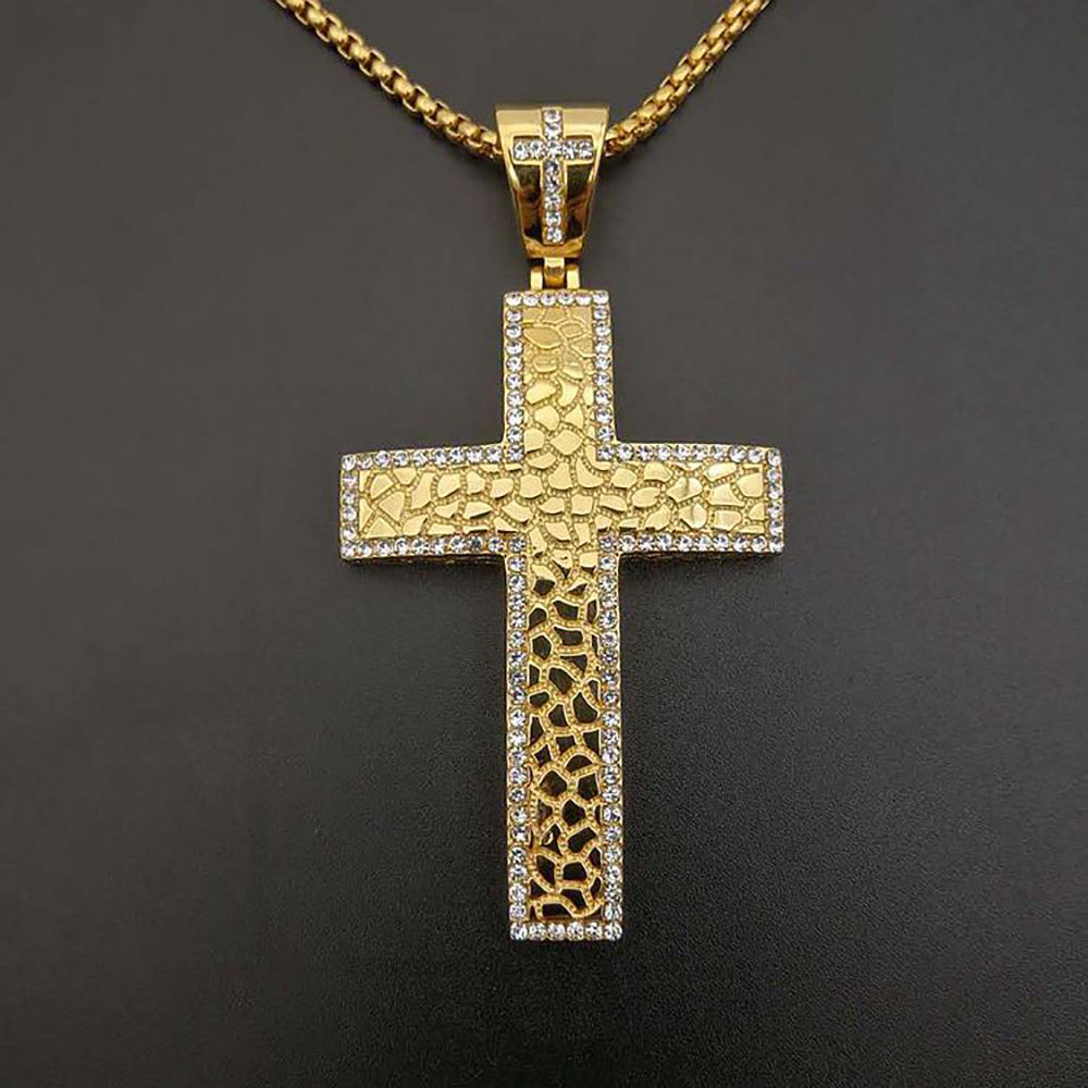 Hip Hop Iced Out CZ Large Big Cross Pendant Necklace Male Gold Color Stainless Steel Christian Necklace for Men Religiou Jewelry