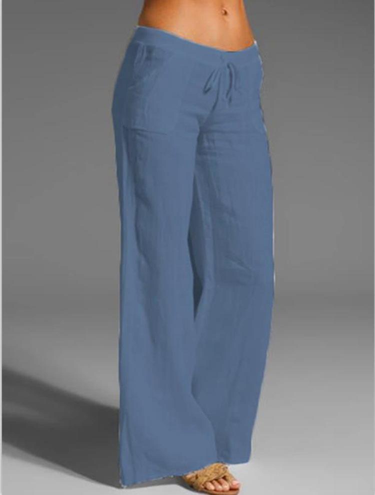 Pantalones Casuales de Algodón Lino para Mujer de Pierna Ancha con Cordón - Talla Grande, Color Sólido