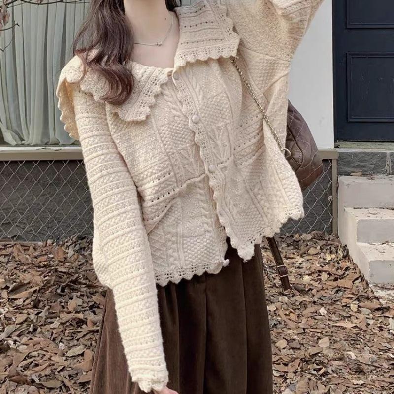 Autumn New Sweater Korean Version Loose Temperament Versatile Navy Collar Sweet Hollow Knitted Cardigan Jacket Top Women