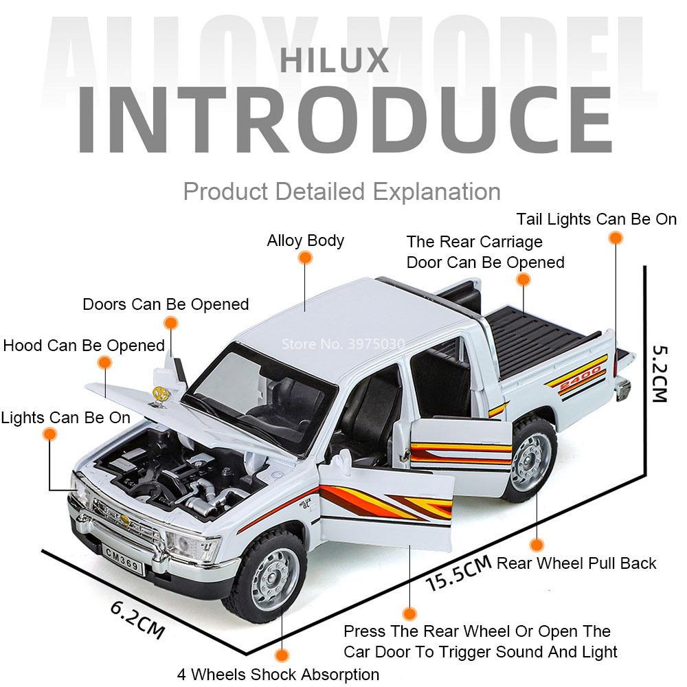 1:32 Pickup Hilux Toys Cars Models Alloy Diecast Wheel Pull Back Miniature Model with Light Sound Vehicles Toy Collect Souvenirs