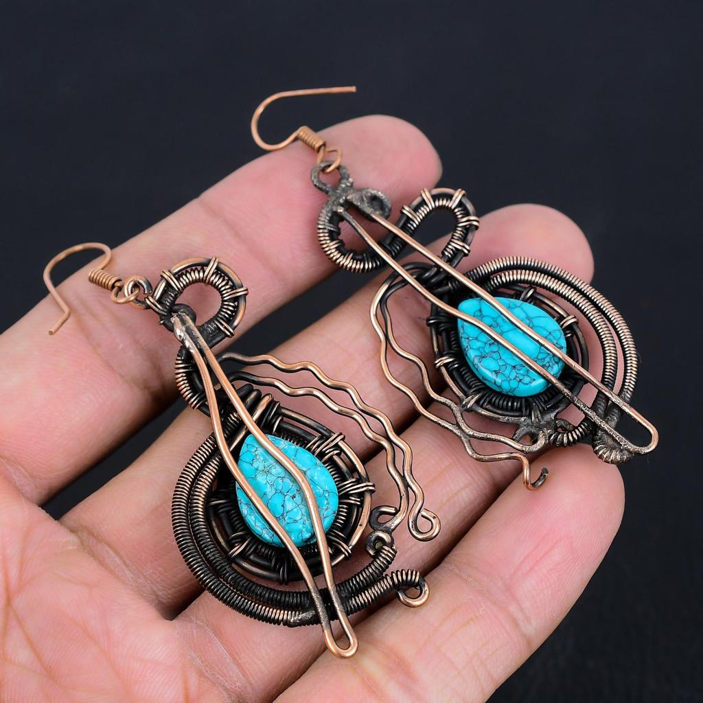 Tibetan Turquoise Earrings Gemstone Jewelry, 999 Copper Wire Wrapped Silver Handmade Earrings, Latest Design Jewelry