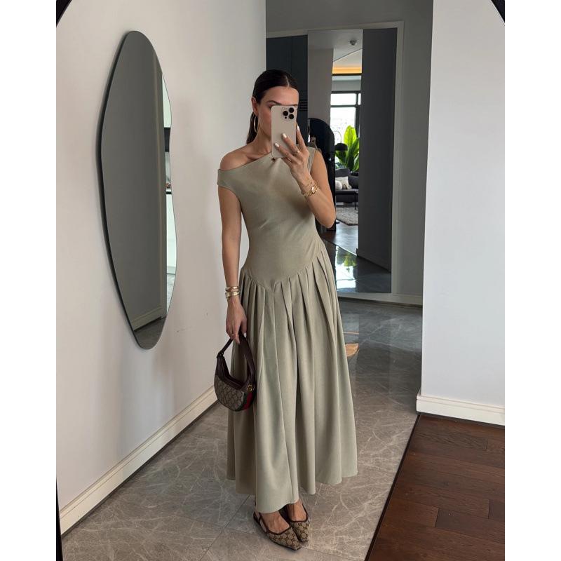 Summer Asymmetrical Neck Short Sleeve Ruched Dress for Women