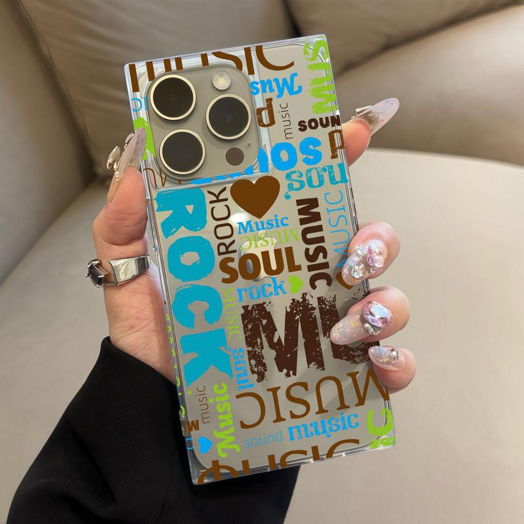 Transparente Quadratische Rückseite Röhrenhülle Schutz Für iPhone 12 15 Plus 11 13 16 ProMax 14 Pro Max Anti-Sauerstoff, Braunes Herz Englisches Muster Hülle