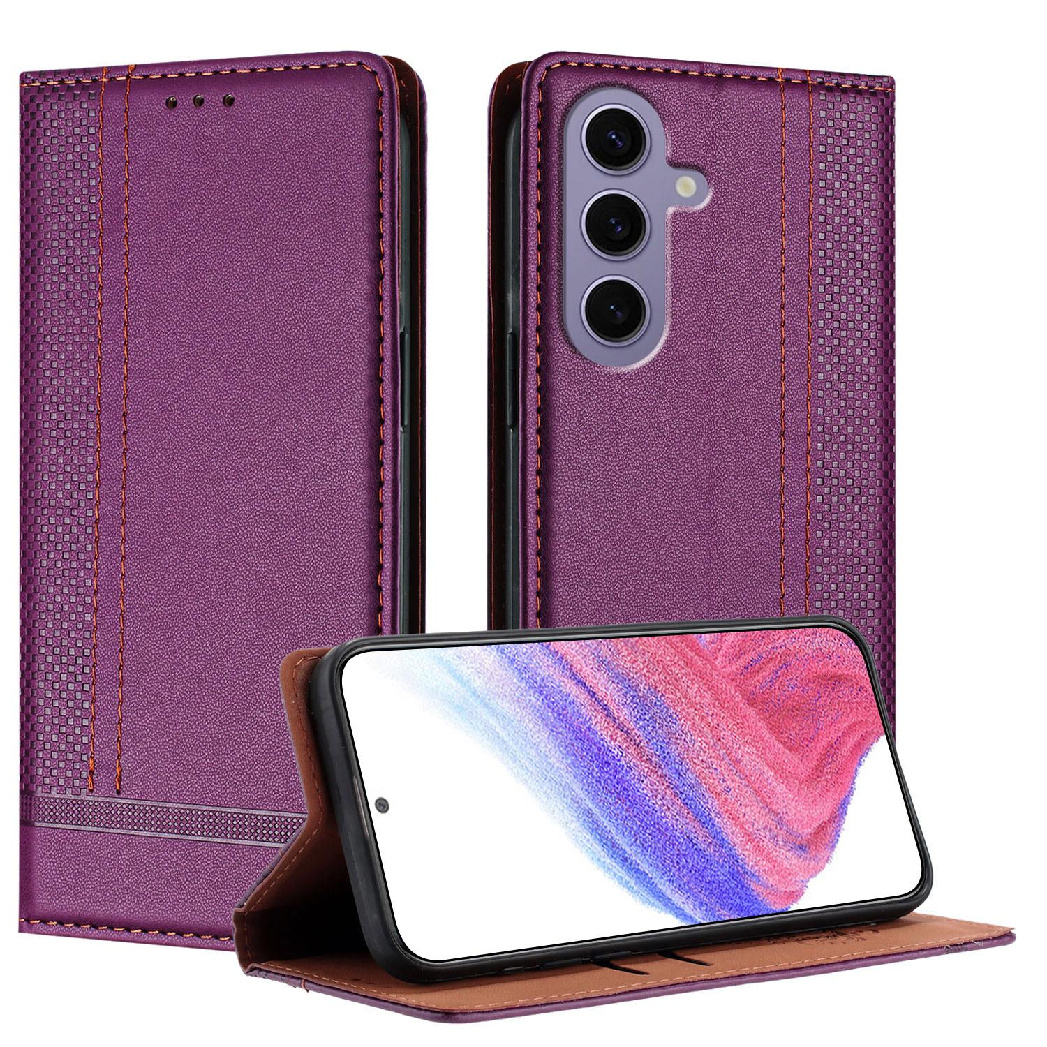 

For Samsung Galaxy S24 Case L-Shaped Grid Pattern Leather Stand Phone Cover with Card Slots Purple