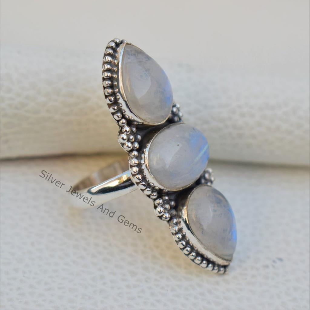 Natural Moonstone Ring, Wedding Ring, 925 Sterling Silver Ring, Oval Teardrop Multi Stone Ring, Blue Fire Moonstone Ring