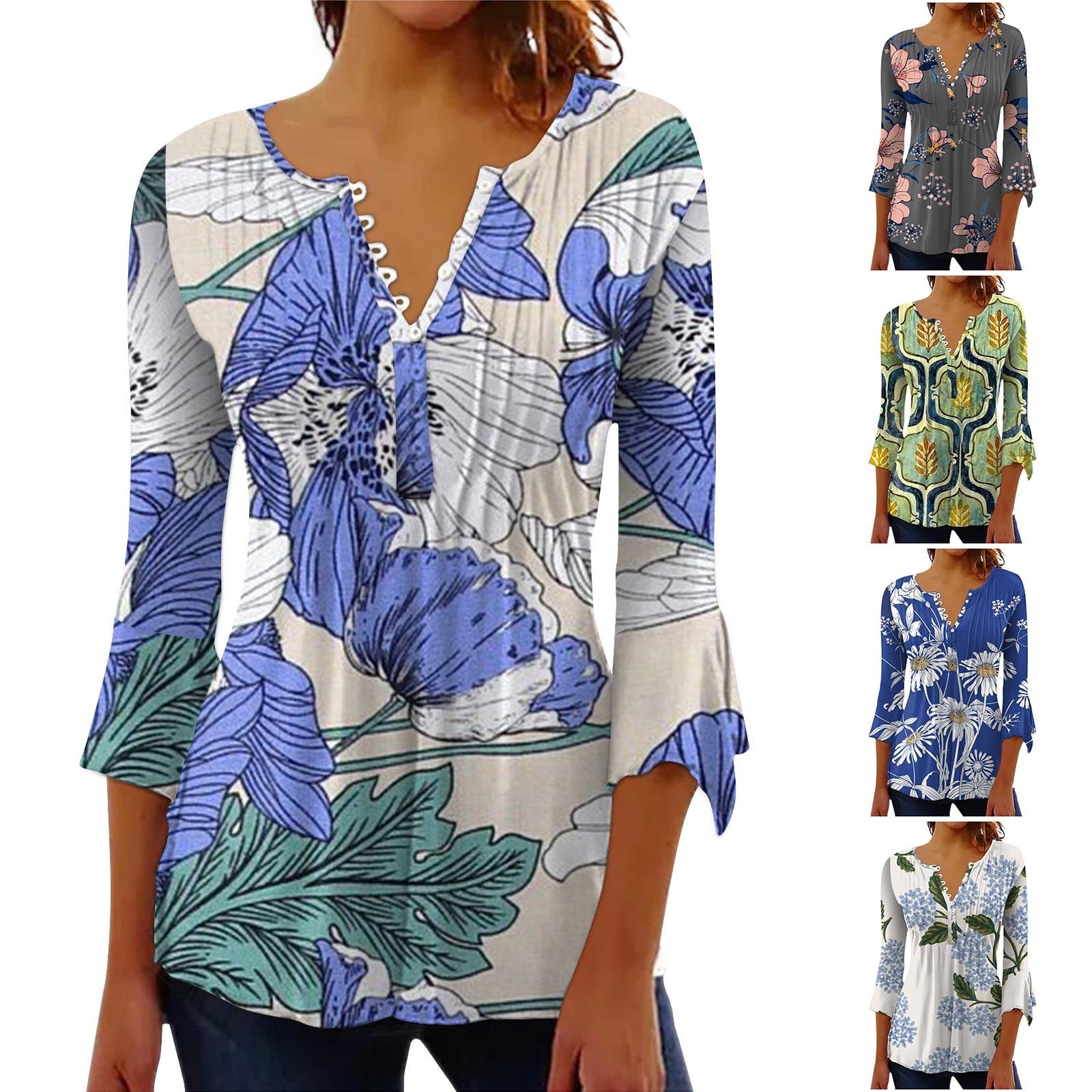 

Модная женская футболка с v-образным вырезом и короткими рукавами с цветочным принтом и плиссированной пуговицей