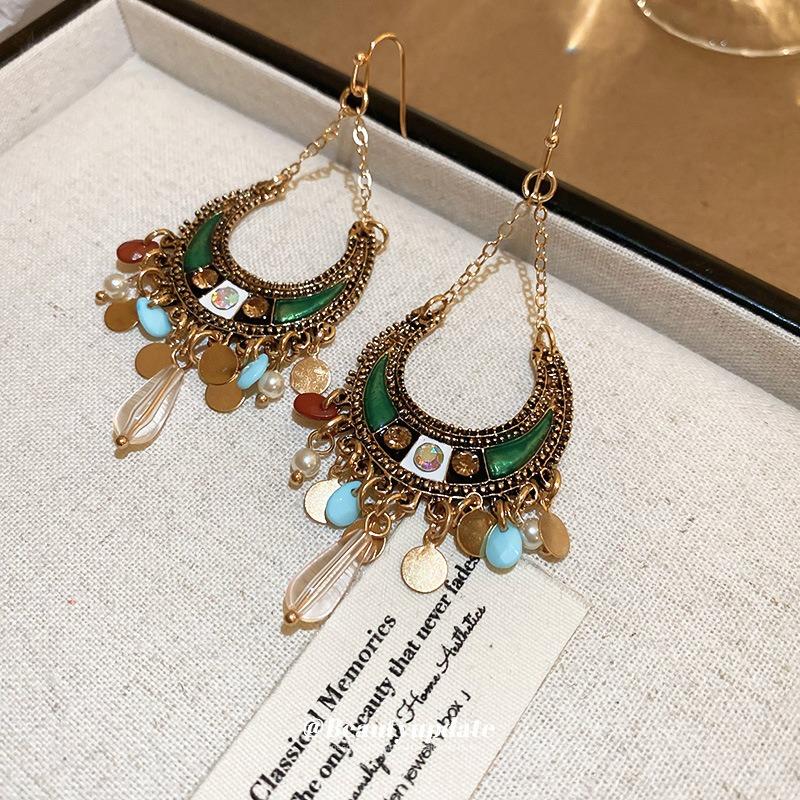 Bohemian color moon sequins fringed earrings ethnic style creative niche earrings temperament fashion earrings