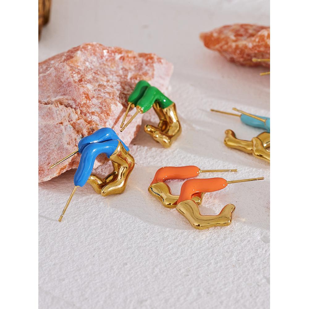 Yhpup Colorful Enamel C Shape Geometric Stainless Steel Candy Fashion Y2K Summer Earrings Women Waterproof Gold Color Jewelry