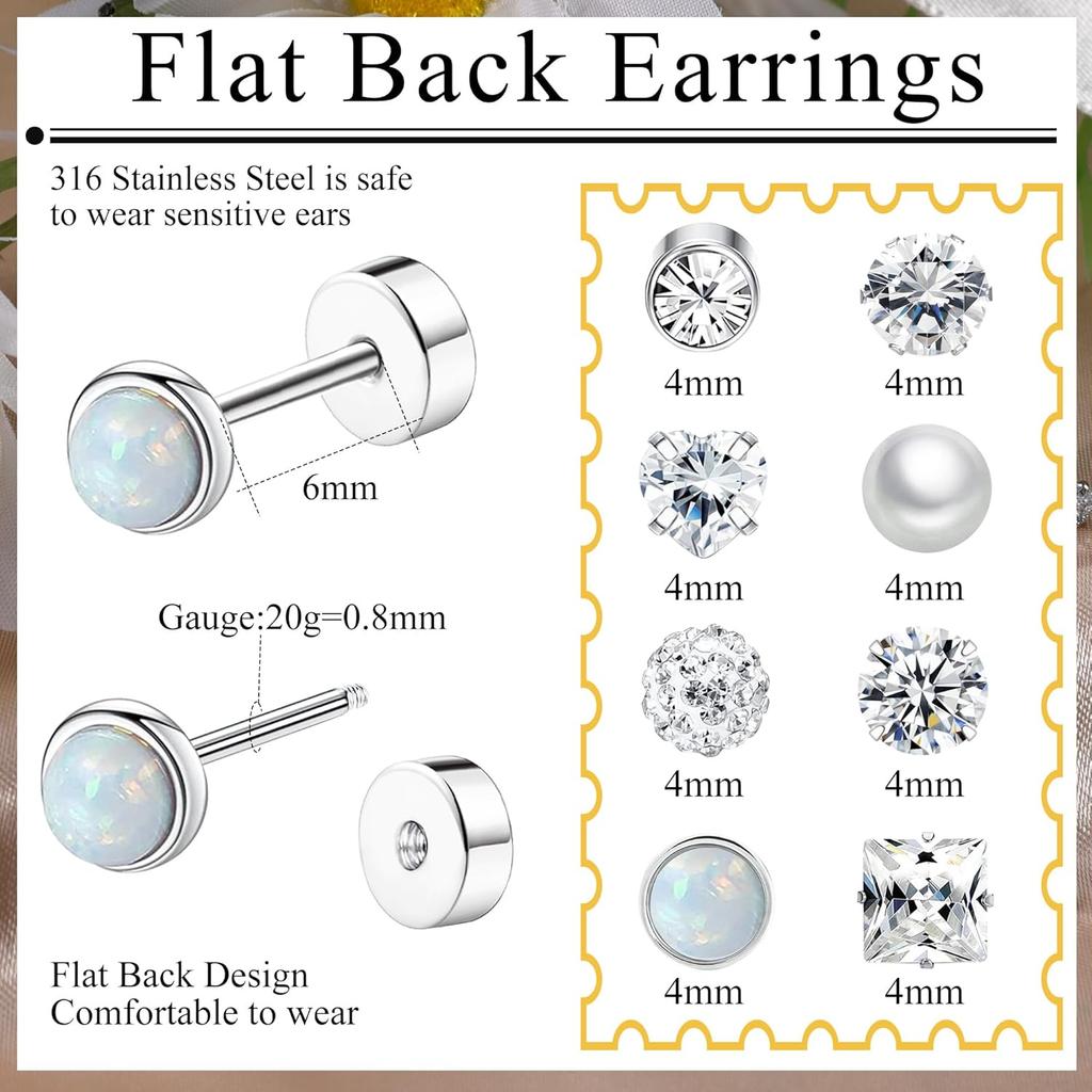 8 Pairs Flat Back Stud Earrings Sets for Multiple Piercing Small Silver Flat Back Surgical Steel Tiny Ball Pearl Cubic Zirconia