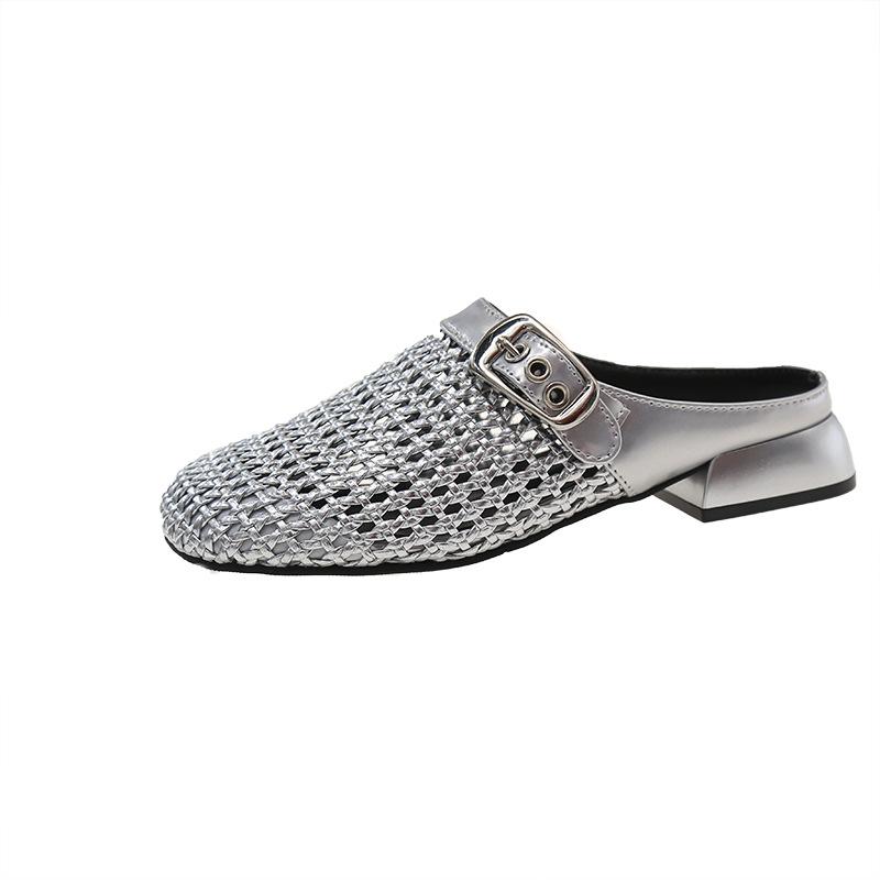 

Полые туфли-шлепанцы на толстом каблуке, женские плетеные, 2025 новые шлепанцы женские для улицы 40 серебряный