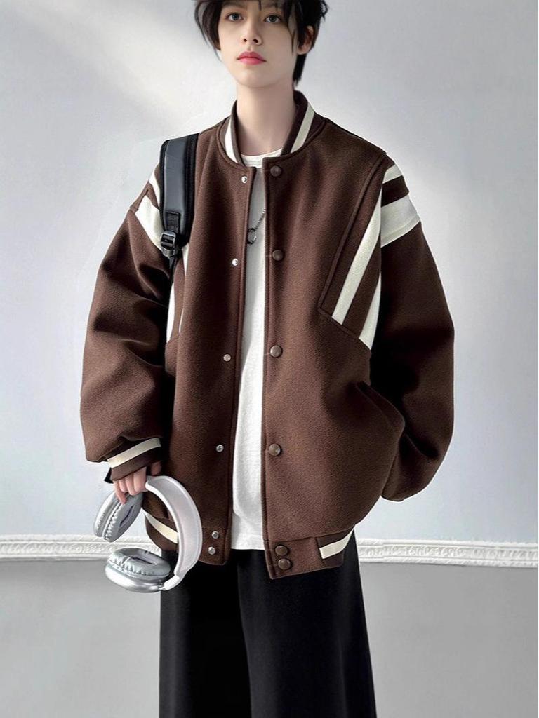 Men's Retro Wool Color Block Baseball Jacket - Trendy, High-End, Versatile Coat for Spring and Autumn.