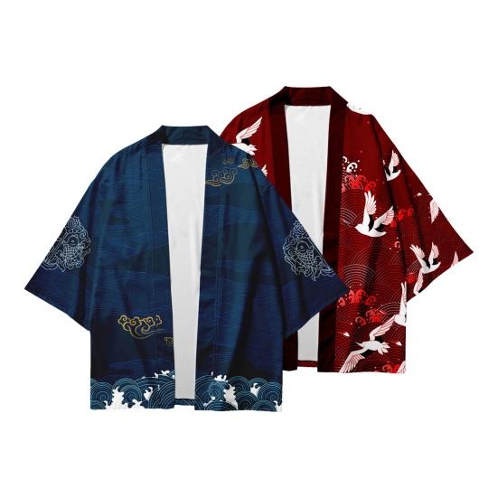 Men Shirt Japanese Style Traditional Kimono Three Quarter Sleeve Cardigan Bird Print Loose Thin Mid Length Daily Top Coat