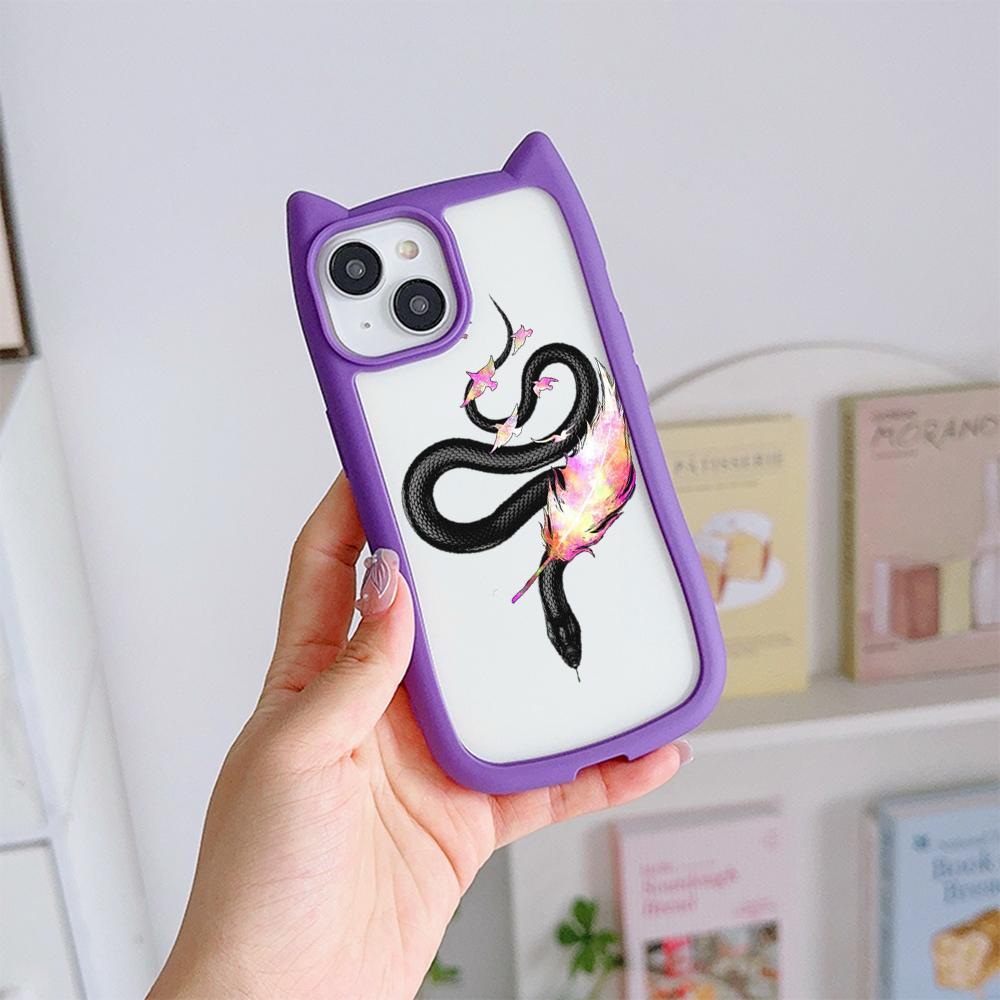 Soft Cat Ear Phone Cases for iPhone 16 15 13 12 11 Pro Max 14 Plus XR TPU Anti-Drop Transparent Acrylic Back Cover N77 Butterfly Black Gold Snake