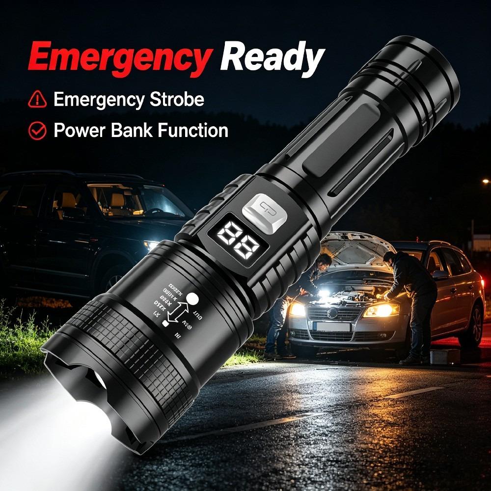High Power Flashlight Zoomable Digital Display Outdoor Long Range Type C Rechargeable 3 Modes for Camping Hiking Emergency