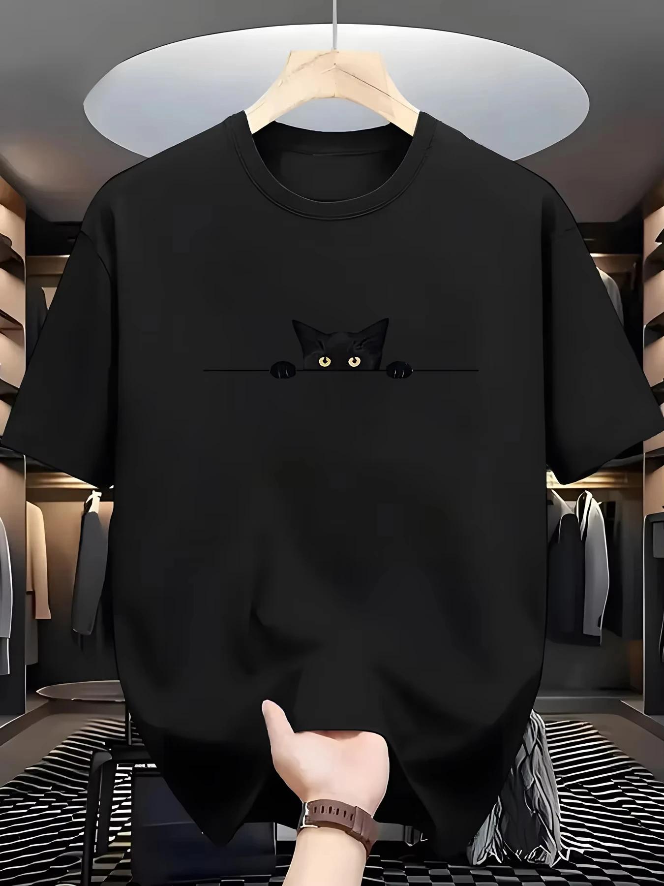 

2025 Men s Summer 100_ Cotton Fashionable Casual Loose Large Cute Cat Pattern Printed Round Neck Short Sleeve T-shirt Top 4XL