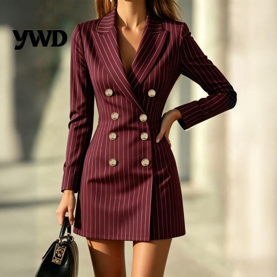Elegant Commuter Clothing Women Striped Blazer Dress for Fall, Double-breasted Lapel Collar Mini Dress, Slim Fit Cinched Waist Above Knee Short