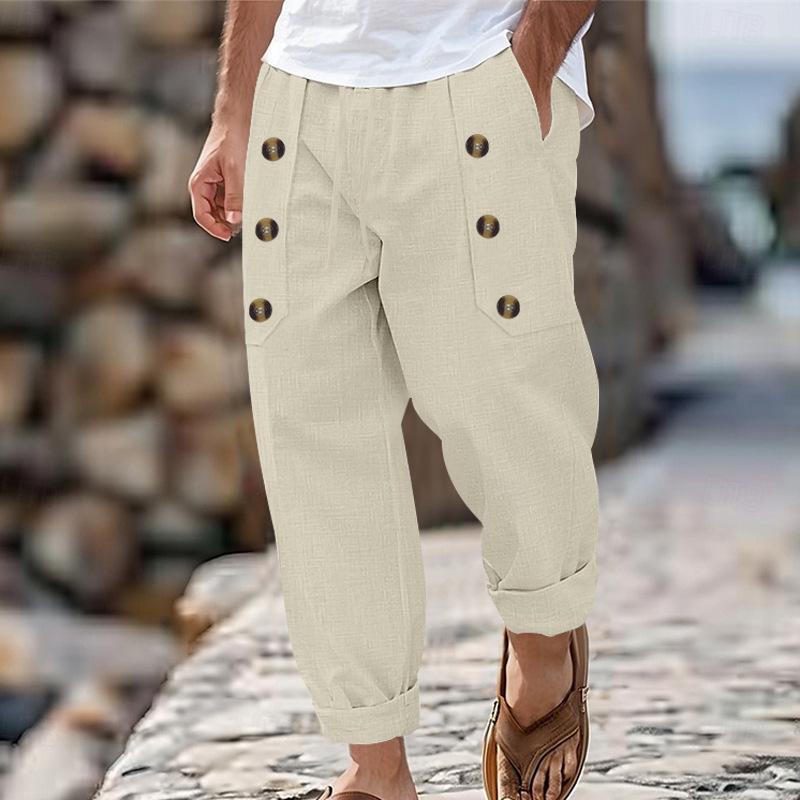 Fashion Men's Casual Trousers Beach Men's Casual Multi-button Cotton Linen Loose Trousers Men